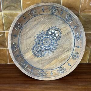 Vintage Mango Wood / Blue Inlay /Glass Jewels Rustic Round Decorative Bowl India